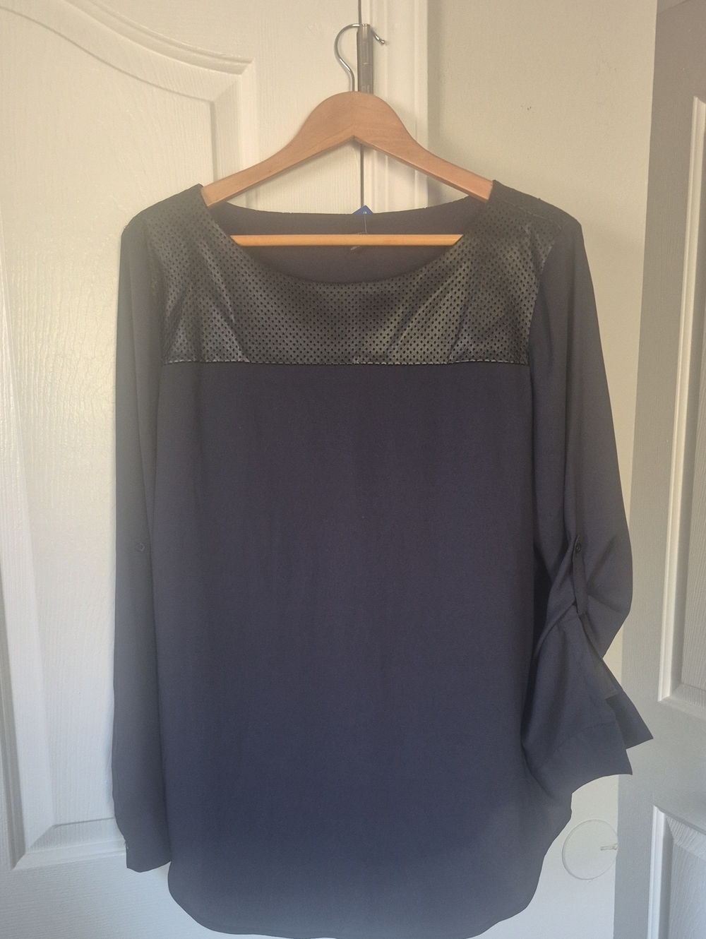 Women's Navy Blouse with Faux Leather Yoke